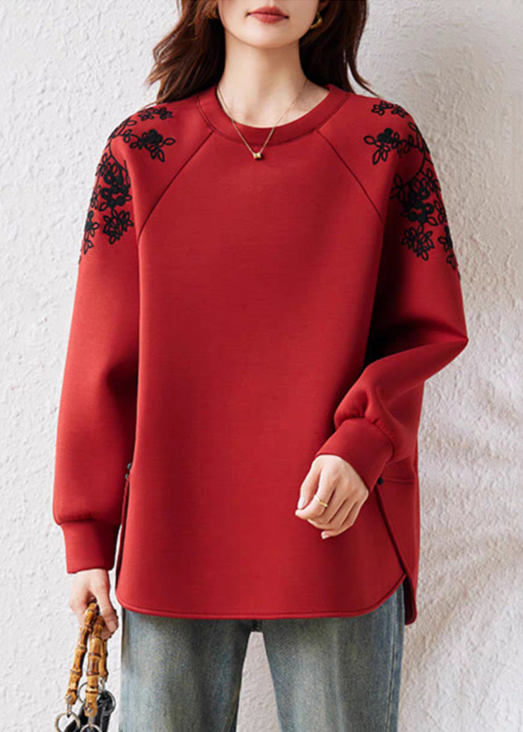 Casual Red O Neck Print Cotton Sweatshirts Fall