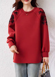 Casual Red O Neck Print Cotton Sweatshirts Fall