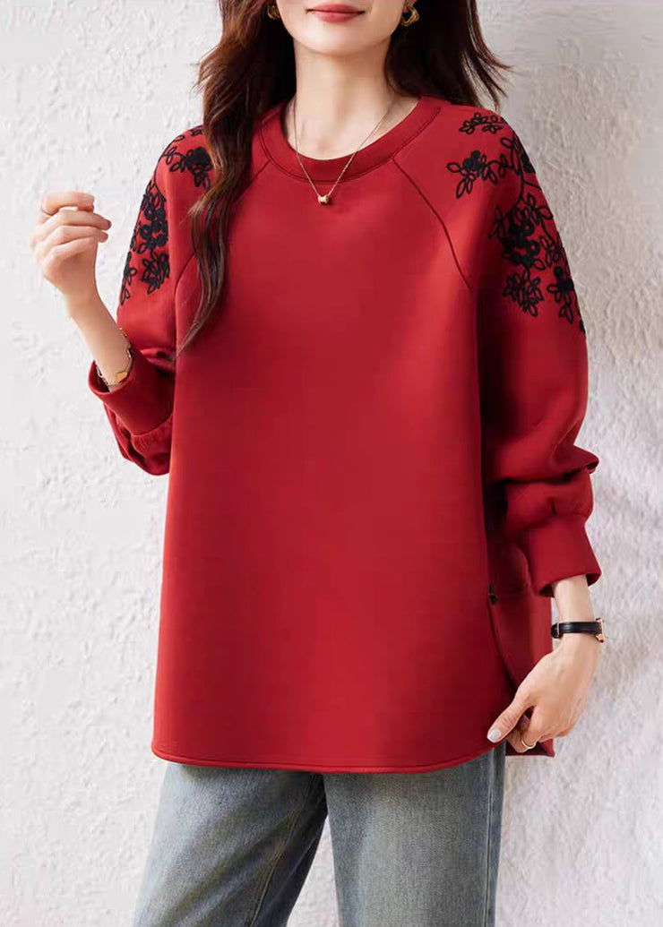 Casual Red O Neck Print Cotton Sweatshirts Fall
