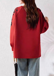 Casual Red O Neck Print Cotton Sweatshirts Fall