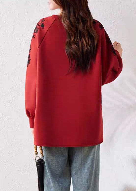 Casual Red O Neck Print Cotton Sweatshirts Fall