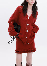 Casual Red Oversized Floral Decorated Knit Cardigan Winter