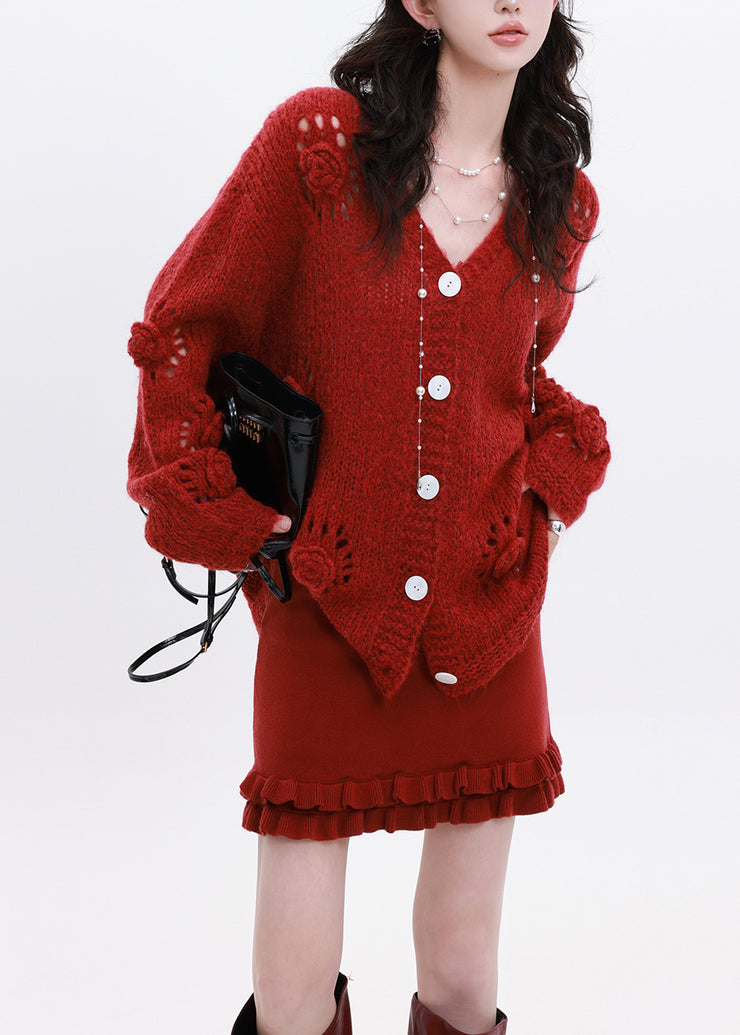 Casual Red Oversized Floral Decorated Knit Cardigan Winter