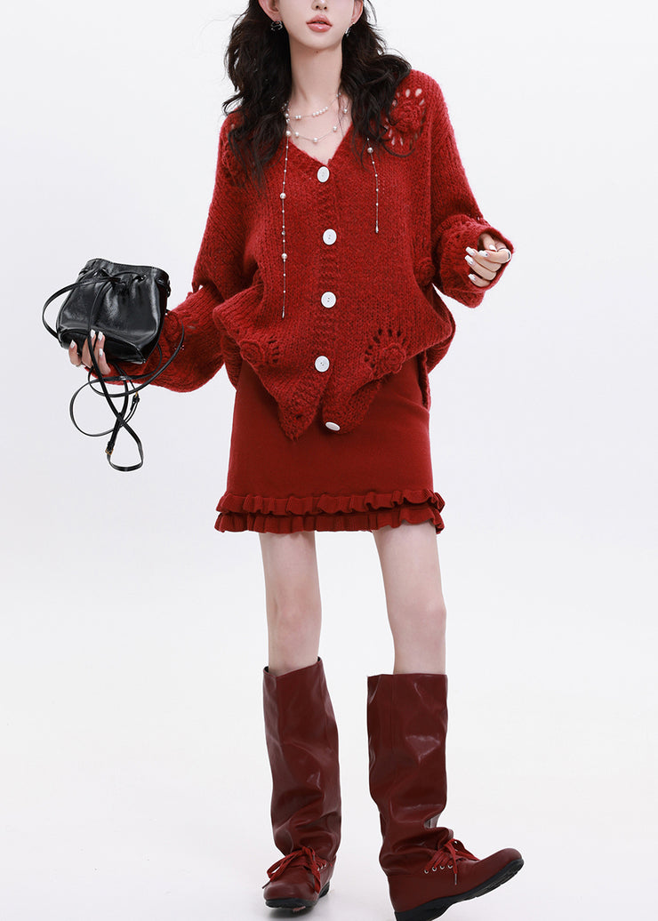 Casual Red Oversized Floral Decorated Knit Cardigan Winter