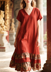 Casual Red Oversized Patchwork Cotton Dress Summer