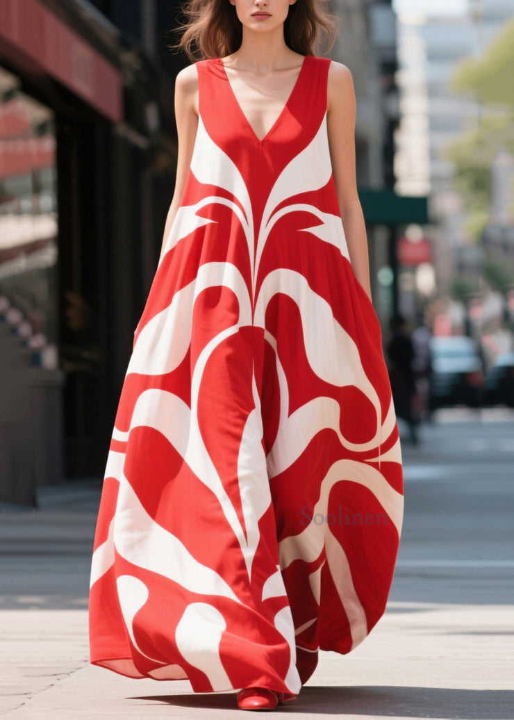 Casual Red Oversized Print Chiffon Holiday Dresses Summer