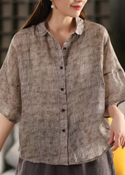 Casual Red Peter Pan Collar Patchwork Linen Blouses Summer