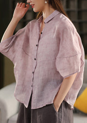 Casual Red Peter Pan Collar Patchwork Linen Blouses Summer