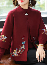Casual Red Stand Collar Cotton Knit Cardigans And Sweater Two Piece Set Fall
