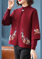 Casual Red Stand Collar Cotton Knit Cardigans And Sweater Two Piece Set Fall