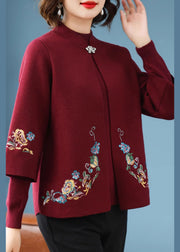 Casual Red Stand Collar Cotton Knit Cardigans And Sweater Two Piece Set Fall