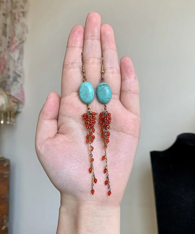 Casual Red Sterling Silver Overgild Turquoise Pomegranate Tassel Drop Earrings