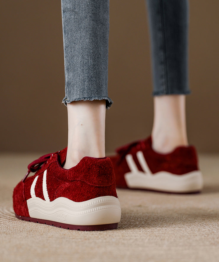 Casual Red Suede Lace Up Splicing Flat Shoes