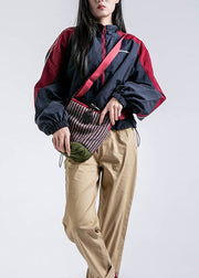 Casual Red Zip Up Pockets Drawstring Patchwork Coat Fall