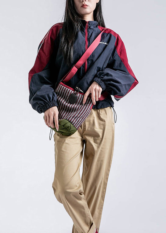 Casual Red Zip Up Pockets Drawstring Patchwork Coat Fall