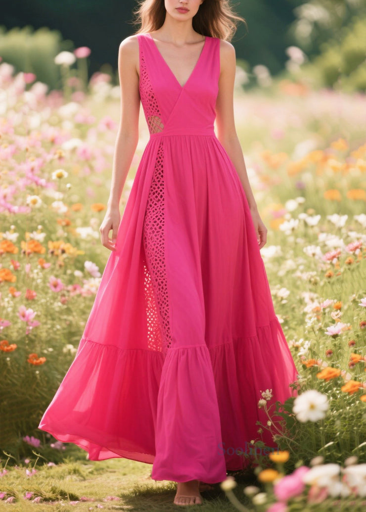 Casual Rose Asymmetrical Patchwork Cotton Vacation Dresses Summer