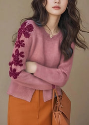 Casual Rose Embroidered Side Open Knit Sweater Tops Winter