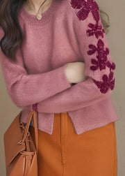 Casual Rose Embroidered Side Open Knit Sweater Tops Winter