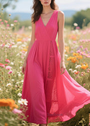 Casual Rose Patchwork Hollow Out Chiffon Long Dress Sleeveless