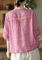 Casual Rose V Neck Wrinkled Patchwork Linen Shirt Top Summer