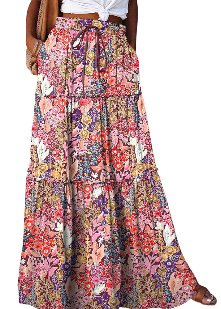 Casual Ruffled Patchwork Pockets High Waist Maxi Skirt Summer