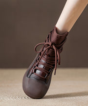 Casual Splicing Platform Boots Black Cowhide Leather Lace Up