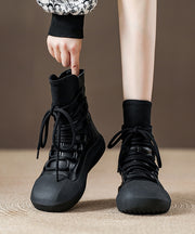 Casual Splicing Platform Boots Black Cowhide Leather Lace Up