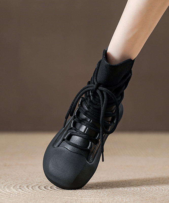Casual Splicing Platform Boots Black Cowhide Leather Lace Up