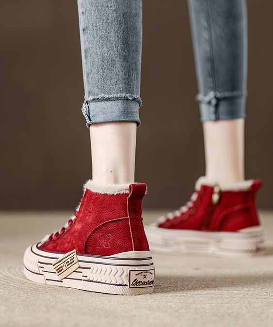 Casual Splicing Platform Flats Red Cowhide Leather Fuzzy Wool Lined