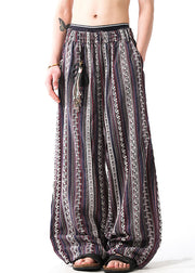 Casual Striped Embroideried Elastic Waist Patchwork Linen Men Pants Summer