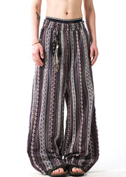 Casual Striped Embroideried Elastic Waist Patchwork Linen Men Pants Summer