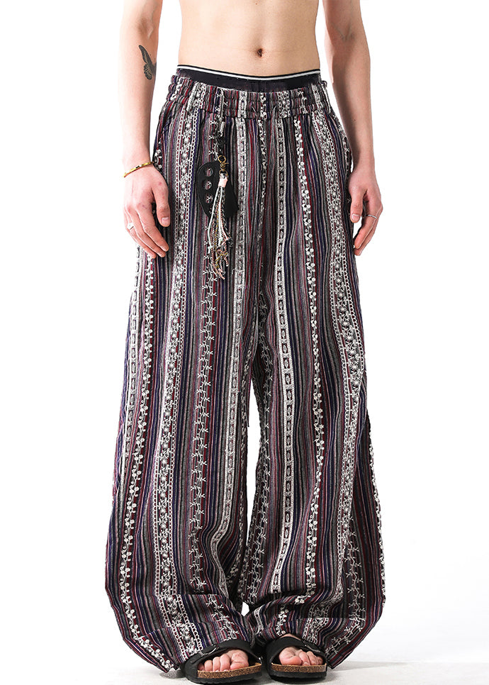 Casual Striped Embroideried Elastic Waist Patchwork Linen Men Pants Summer