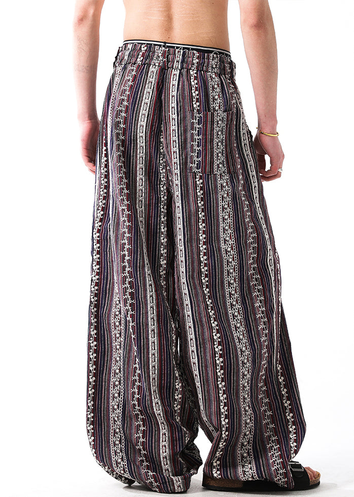 Casual Striped Embroideried Elastic Waist Patchwork Linen Men Pants Summer