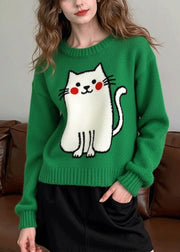 Casual Tea Green Oversized Cat Knit Sweater Tops Winter