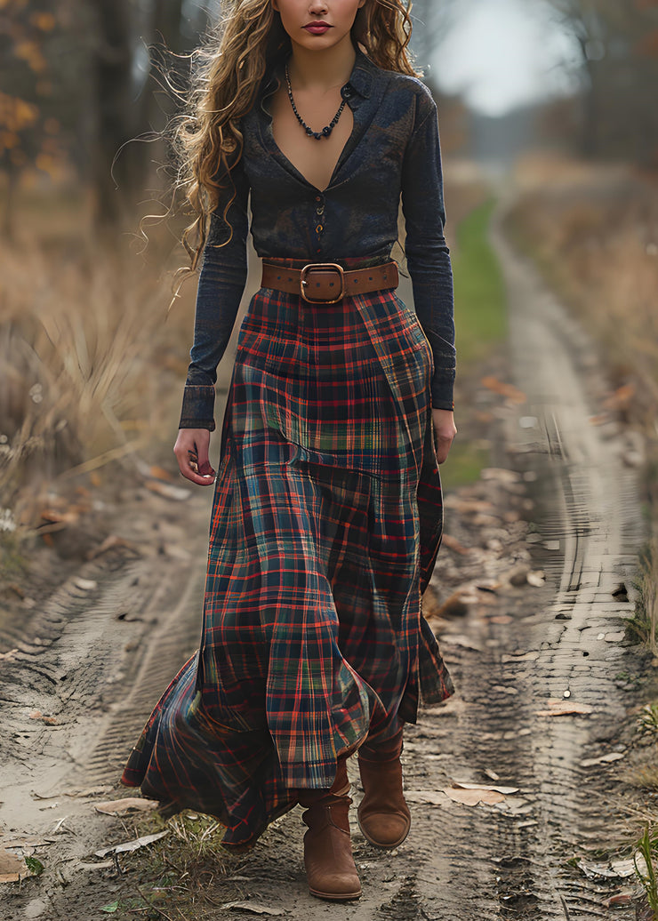 Casual V Neck Plaid Patchwork Cotton Long Dress Spring
