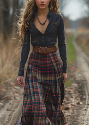 Casual V Neck Plaid Patchwork Cotton Long Dress Spring