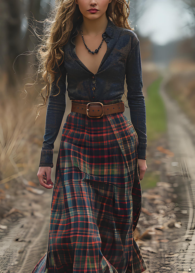 Casual V Neck Plaid Patchwork Cotton Long Dress Spring