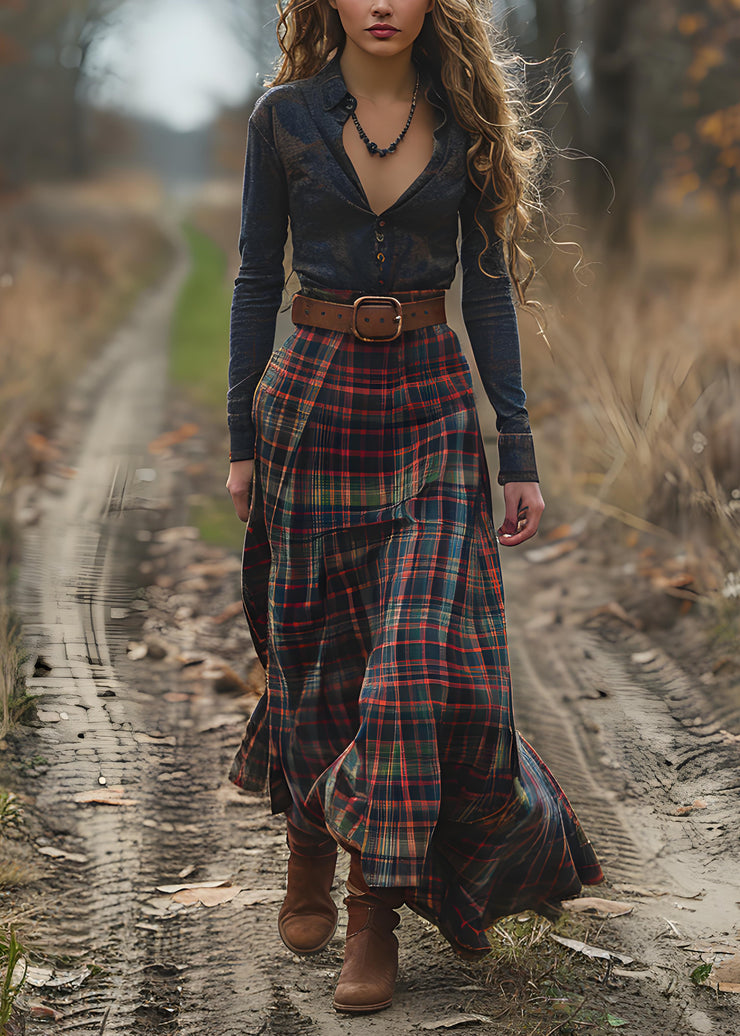 Casual V Neck Plaid Patchwork Cotton Long Dress Spring
