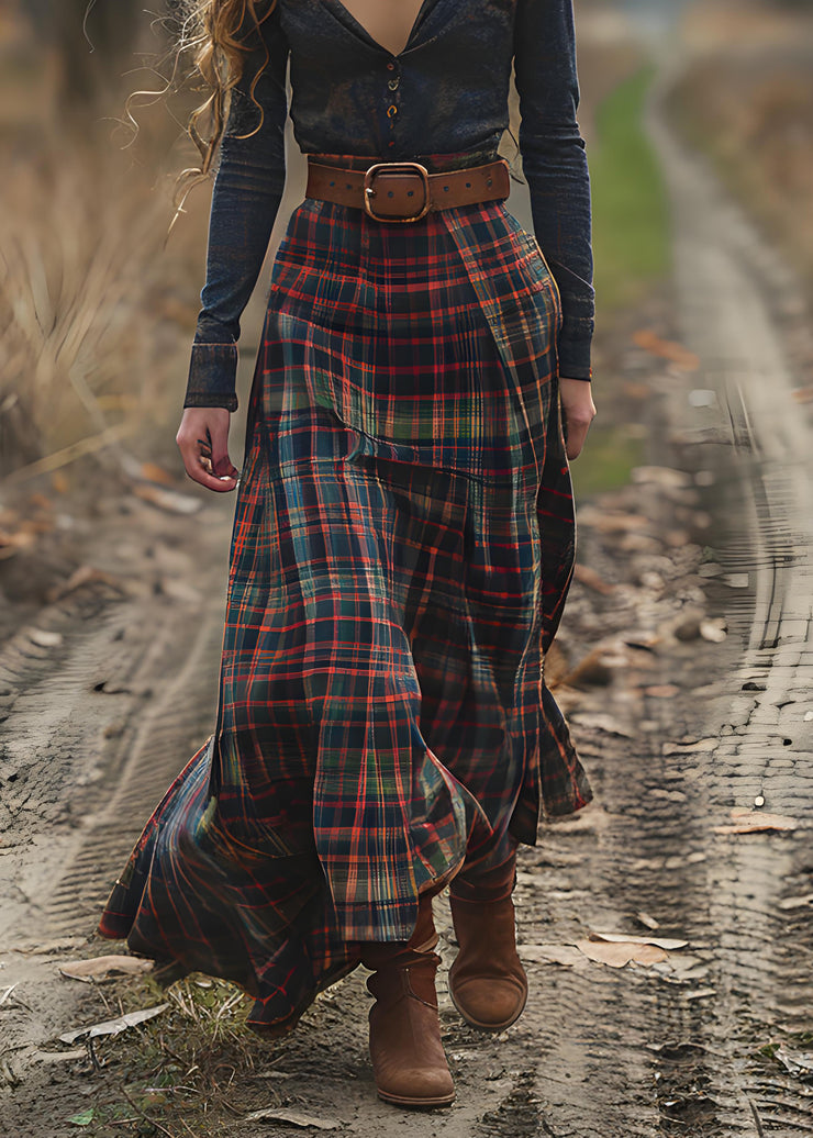Casual V Neck Plaid Patchwork Cotton Long Dress Spring