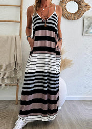 Casual V Neck Striped Pockets Maxi Spaghetti Strap Dress Summer