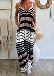 Casual V Neck Striped Pockets Maxi Spaghetti Strap Dress Summer