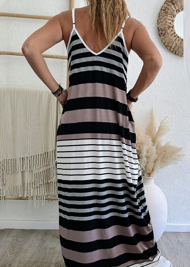 Casual V Neck Striped Pockets Maxi Spaghetti Strap Dress Summer