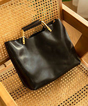 Casual Versatile Black Calf Leather Tote Bag