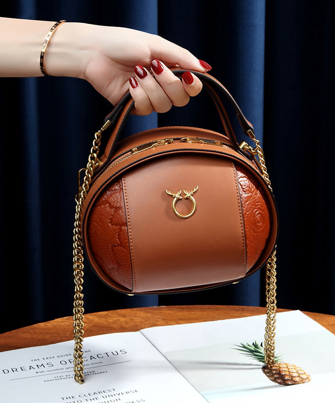 Casual Versatile Brown Calf Leather Round Bag