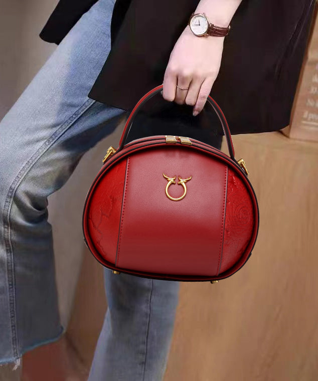 Casual Versatile Brown Calf Leather Round Bag