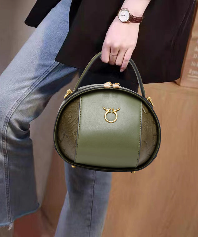 Casual Versatile Brown Calf Leather Round Bag