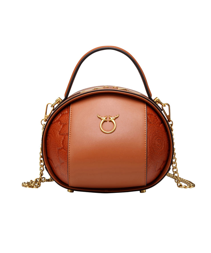 Casual Versatile Brown Calf Leather Round Bag