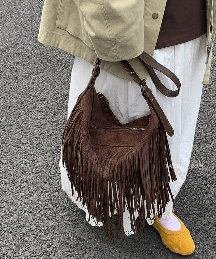 Casual Versatile Coffee Tassel Suede Crossbody Bag