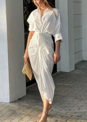 Casual White Asymmetrical Cotton Long Dresses Long sleeve