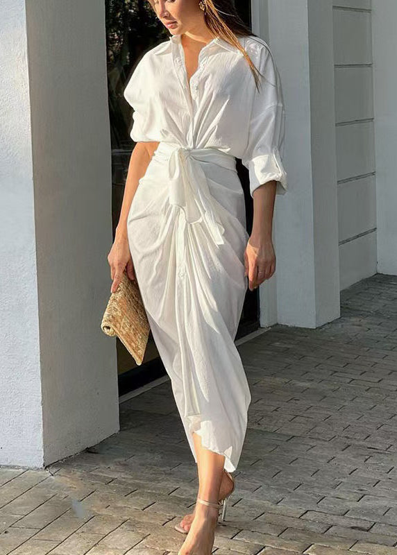 Casual White Asymmetrical Cotton Long Dresses Long sleeve